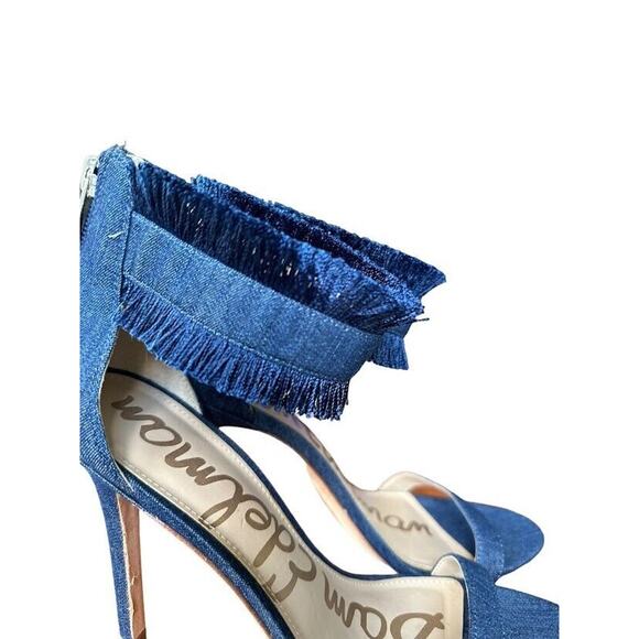 Sam Edelman Anabeth Denim Fringe 4" Heels Sandals Womens Size 8.5 Open Toe Zip - Picture 3 of 8